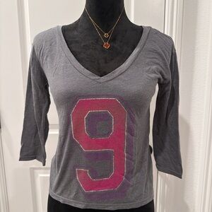 American Eagle Outfitters Gray V-Neck Top with Pink Number